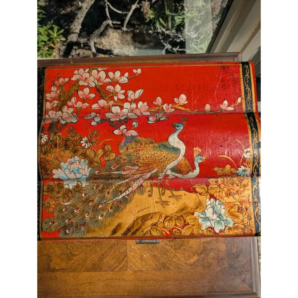 Antique Republic Period Chinese Red Lacquer Leather Trunk - Peacock - 13